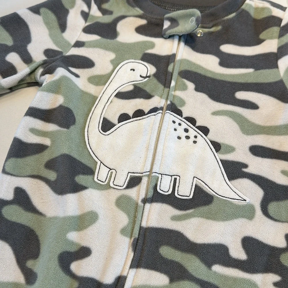 Carter’s footie pajamas white brown green camo dinosaur size 2T